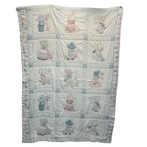 VTG Sunbonnet Sue Quilt Nursery 40x57 White Pastel Applique Cottagecore Prairie